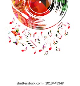 Colorful music poster with vinyl record and music notes. Music elements for card, poster, invitation. Music background design vector illustration