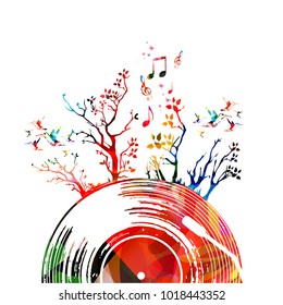 Colorful music poster with vinyl record and trees. Music elements for card, poster, invitation. Music background design vector illustration