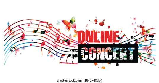 Colorful music promotional poster background with musical notes isolated vector illustration. Online concert banner for music festivals, shows and concert events