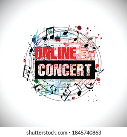 Colorful music promotional poster background with musical notes isolated vector illustration. Online concert banner for music festivals, shows and concert events