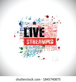 Colorful music promotional poster background with musical notes isolated vector illustration. Live streaming banner for music festivals, shows and concert events
