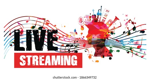 Colorful music promotional poster background with musical notes and instruments isolated vector illustration. Live streaming banner for music festivals, shows and concert events