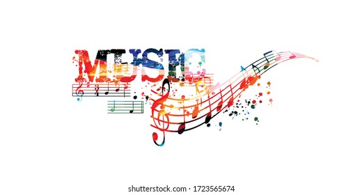 Colorful music promotional poster with G-clef and music notes isolated vector illustration. Artistic abstract background with music staff for music show, live concert events, party flyer template