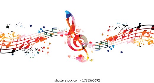 Colorful music promotional poster with G-clef and music notes isolated vector illustration. Artistic abstract background with music staff for music show, live concert events, party flyer template