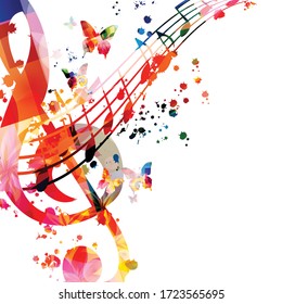 Colorful music promotional poster with G-clef and music notes isolated vector illustration. Artistic abstract background with music staff for music show, live concert events, party flyer template