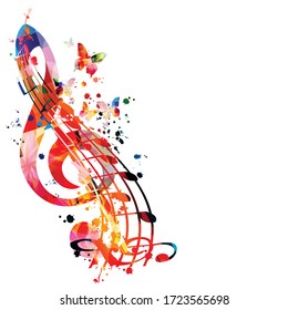 Colorful music promotional poster with G-clef and music notes isolated vector illustration. Artistic abstract background with music staff for music show, live concert events, party flyer template