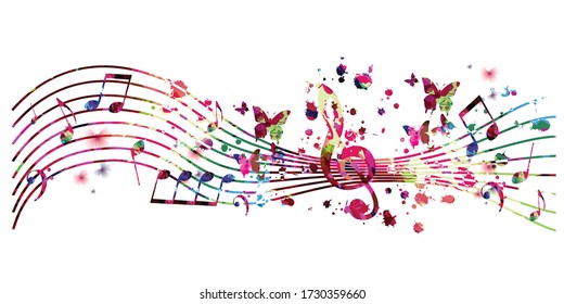 Colorful music promotional poster with G-clef and music notes isolated vector illustration. Artistic abstract background with music staff for music show, live concert events, party flyer template