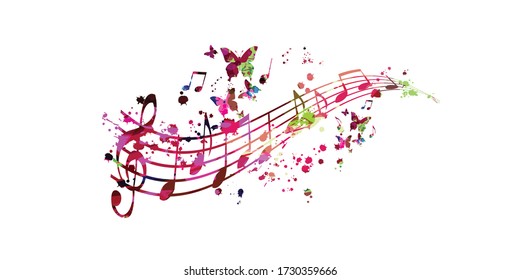 Colorful music promotional poster with G-clef and music notes isolated vector illustration. Artistic abstract background with music staff for music show, live concert events, party flyer template