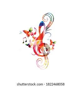 Colorful music promotional poster with G-clef isolated vector illustration. Artistic abstract background with treble clef for live concert events, music festivals and shows, party flyer template