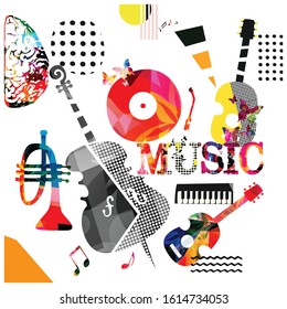 Colorful music promotional poster with music instruments isolated vector illustration. Artistic abstract background for music show, live concert events, party flyer design template