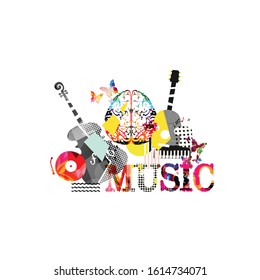 Colorful music promotional poster with music instruments and brain isolated vector illustration. Artistic abstract background for music show, live concert events, party flyer design template