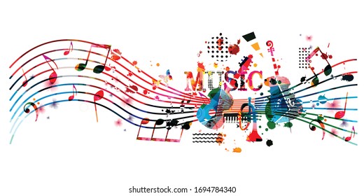 Colorful music promotional poster with music instruments and notes isolated vector illustration. Artistic abstract background for music show, live concert events, party flyer design template