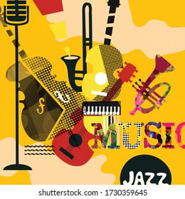 Colorful music promotional poster with music instruments vector illustration. Artistic abstract background for music show, live concert events and festivals, party flyer design template