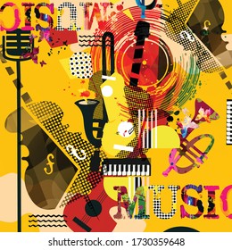 Colorful music promotional poster with music instruments vector illustration. Artistic abstract background for music show, live concert events and festivals, party flyer design template