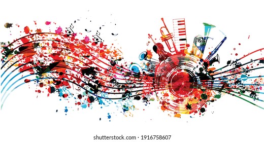 Colorful music promotional poster with musical instruments and notes isolated vector illustration. Artistic abstract background for live concert events, music festivals and shows, party flyer