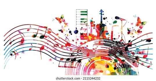 Colorful music promotional poster with musical instruments and notes isolated vector illustration. Artistic  background for live concert events, music festivals and shows, party flyer with LP record