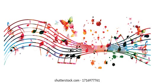 Farbiges Musikpromotionposter mit Musiknoten einzeln auf Vektorillustration. Künstlerisch abstrakter Hintergrund mit musikalischem Personal für Musik-Show, Live-Konzertveranstaltungen, Party-Flyer-Design-Vorlage