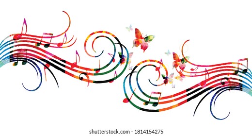 Colorful music promotional poster with music notes isolated vector illustration. Artistic abstract background with music staff for music show, live concert events, party flyer template