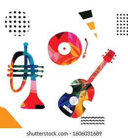 Colorful music promotional poster with trumpet, guitar and vinyl record disc isolated vector illustration. Artistic music background, music show, live concert events, party flyer design template