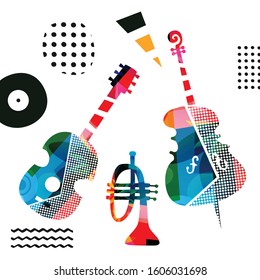 Colorful music promotional poster with violoncello, trumpet and guitar isolated vector illustration. Artistic music background, music show, live concert events, party flyer design template