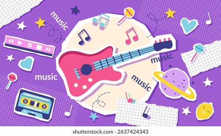 Colorful music retro collage banner with guitar, cassette, planet, notes, lollipops. Concept of music, disco, 90s. Vector background. 
