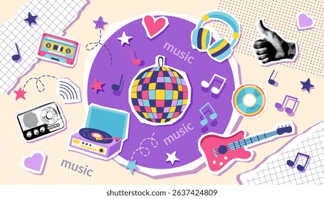 Colorful music retro collage banner with disco ball, guitar, headphones, cassette, vinyl record player, radio, cd. Concept of music, 90s. Vector background.
