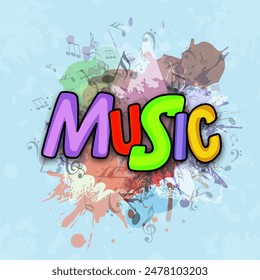 Colorful Music Text on Abstract Blue Notes Background.