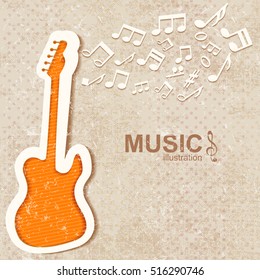 Colorful music textured background with notes and orange guitar flat vector illustration