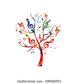Colorful music tree with music notes and butterflies
