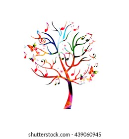 Colorful music tree with music notes and butterflies