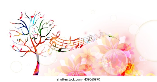 Colorful music tree with music notes and butterflies
