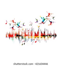 Colorful music waves with hummingbirds