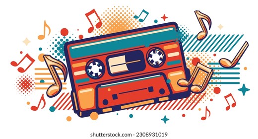 Colorful musical audio cassette and notes funky music design