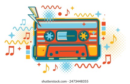 Colorful musical audio cassette and notes funky music design