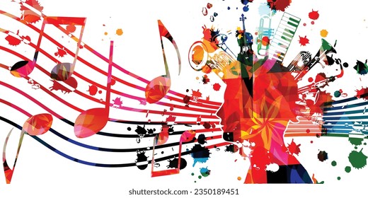 Colorful musical background with male head and musical instruments bundle with musical notes staff. Vector illustration. Design for composing, creativity and talent, listening and creating music svg