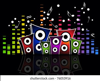 colorful musical equalizer graph background with colorful speaker, musical notes