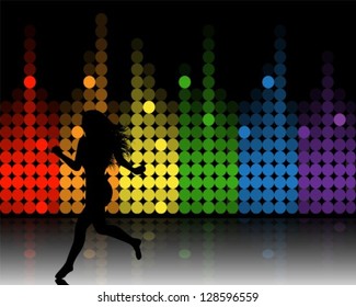 colorful musical equalizer and silhouette girl running