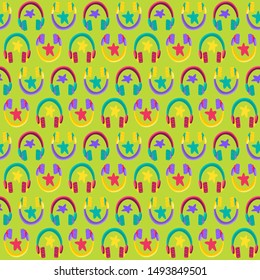 Colorful Musical Headphone Vector Pattern. Abstract Seamless Design Flyer or Poster for Event on Green Background. Modern Accessory for hear Music. Creative Sketch for Print. Flat Cartoon Illustration