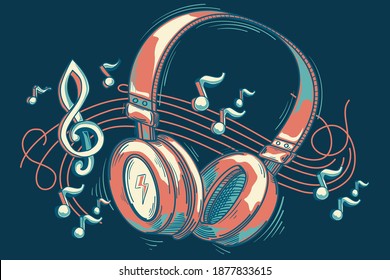 Colorful musical headphones and notes - music design