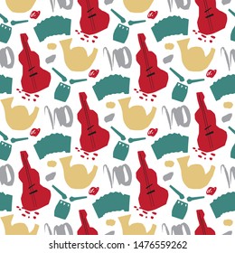 Colorful musical instrument flat seamless pattern in paper cut style. Vector illustration