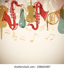 Colorful Musical Instrument Or Musical Notes On Stylish Background.