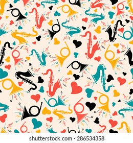 Colorful musical instrument with musical sign on seamless background.