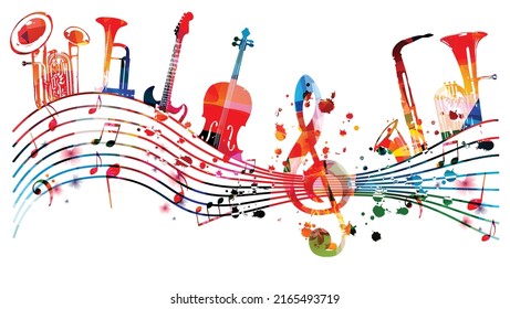 Colorful musical instruments bundle with musical notes and clef isolated vector illustration. Instruments collection poster for live concert events, music festivals, shows, performances, party flyer	