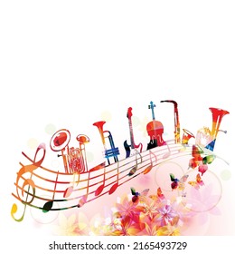 Colorful musical instruments bundle with musical notes and clef isolated vector illustration. Instruments collection poster for live concert events, music festivals, shows, performances, party flyer	