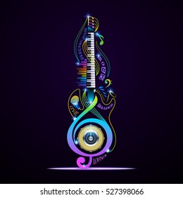 Colorful musical instruments collage. Vector concept for live, rock, jazz, blues, lounge, electronic.