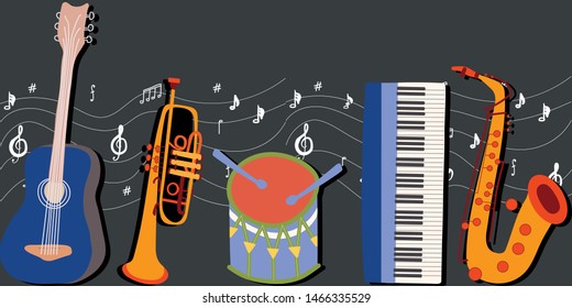 Colorful musical instruments horizontal banner template. Black background. Musical notes wave. Vector illustration.