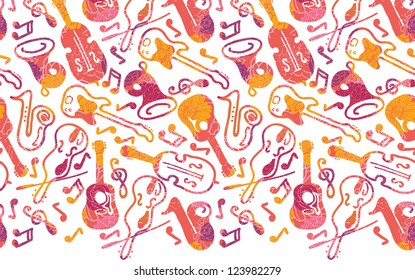 Colorful musical instruments horizontal seamless pattern border