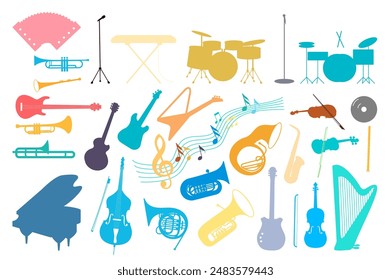 Colorful musical instruments and music notes silhouette