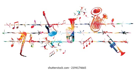 Colorful musical instruments with musical notes attached to barbed wire and isolated vector illustration. Poster for live concert events, music festivals and shows, performances, party flyer	