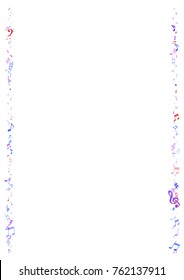 Colorful musical notes flying border isolated on white background. Stylish symphony signs frame, notes for sound and tune music. Vector melody symbols framing for pages or child book cover print.